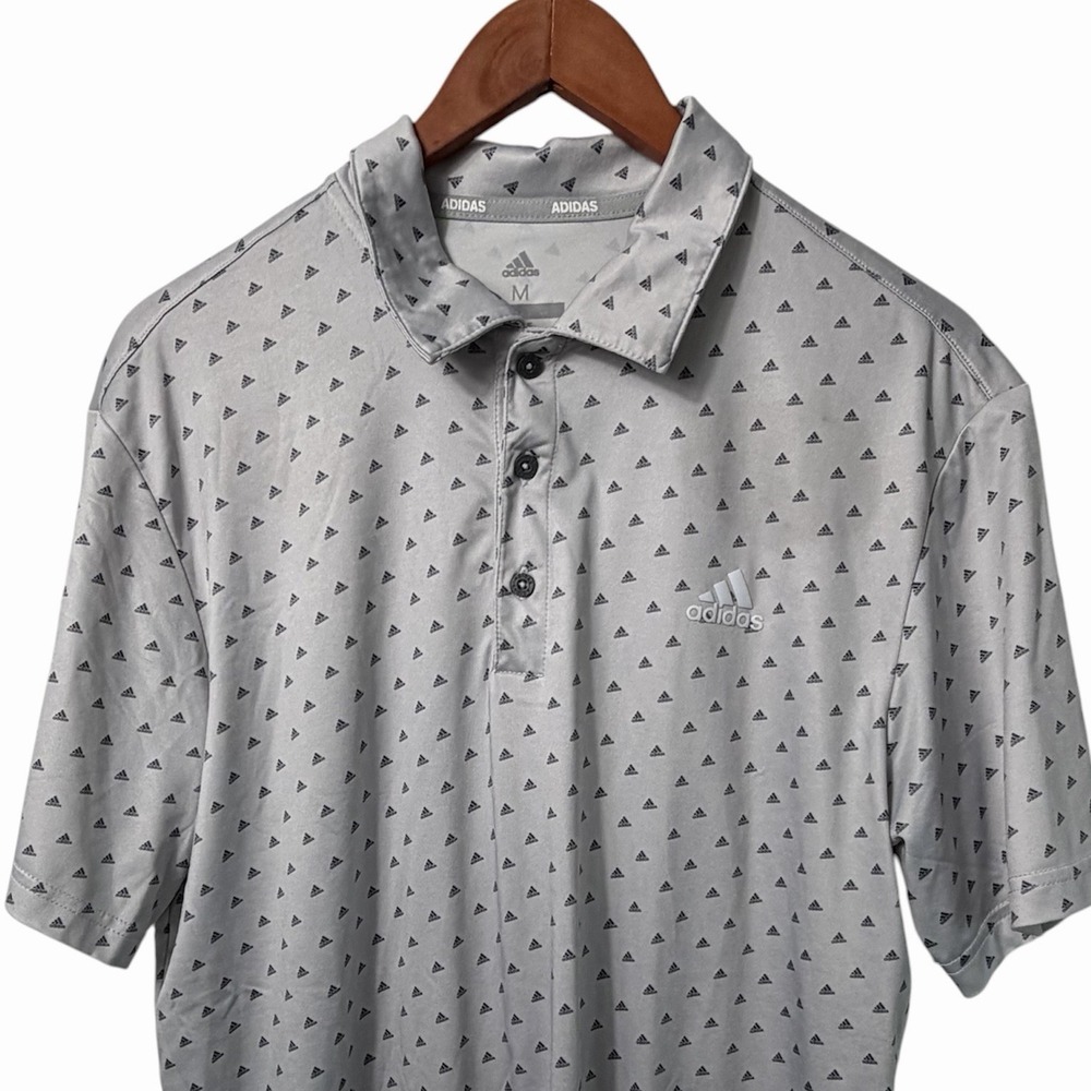 Adidas Golf Polo Shirt Mens Medium Dot Print Gray All Over Print Logo 3 Btn Plkt